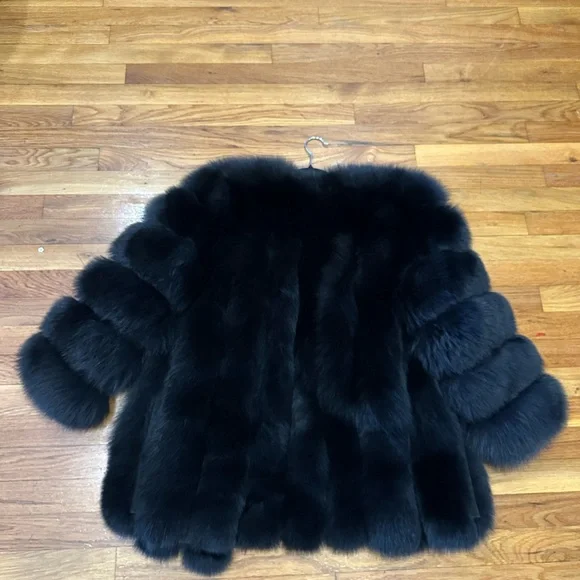 Real fox fur coat black Sz Small 3/4 sleeves.